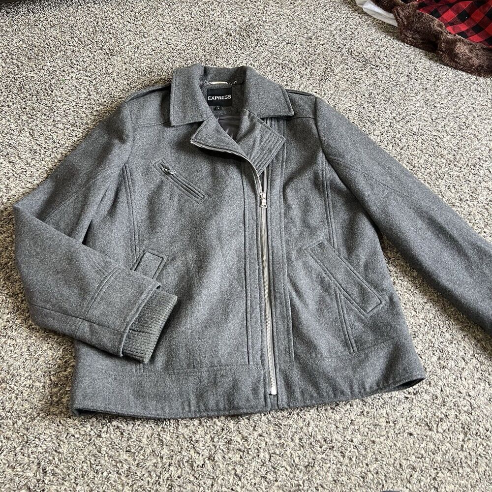 Express Blazer Jacket Womens L Gray Wool Blend Double Moto Full Zip Pockets